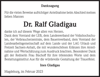 Traueranzeige von Dr. Ralf Gladigau  von Magdeburger Volksstimme