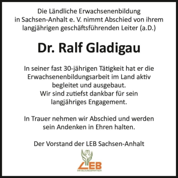 Traueranzeige von Dr. Ralf Gladigau  von Magdeburger Volksstimme