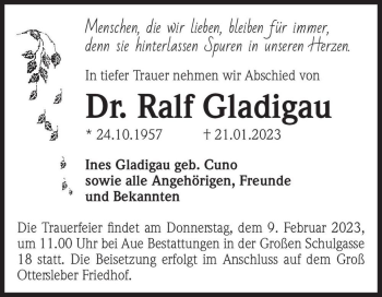 Traueranzeige von Dr. Ralf Gladigau  von Magdeburger Volksstimme