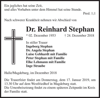 Traueranzeige von Dr. Reinhard Stephan  von Magdeburger Volksstimme