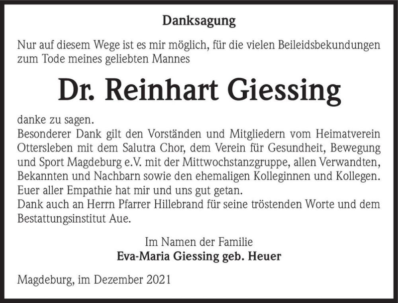  Traueranzeige für Dr. Reinhart Giessing  vom 04.12.2021 aus Magdeburger Volksstimme