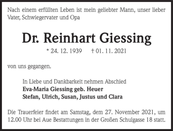 Traueranzeige von Dr. Reinhart Giessing  von Magdeburger Volksstimme