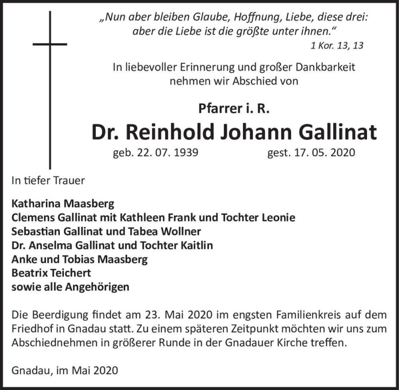  Traueranzeige für Dr. Reinhold Johann Gallinat  vom 23.05.2020 aus Magdeburger Volksstimme