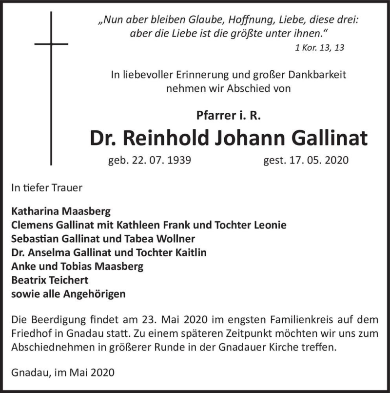  Traueranzeige für Dr. Reinhold Johann Gallinat  vom 23.05.2020 aus Magdeburger Volksstimme