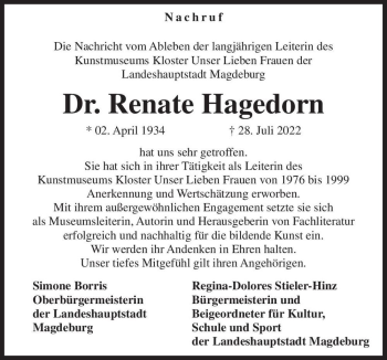 Traueranzeige von Dr. Renate Hagedorn  von Magdeburger Volksstimme