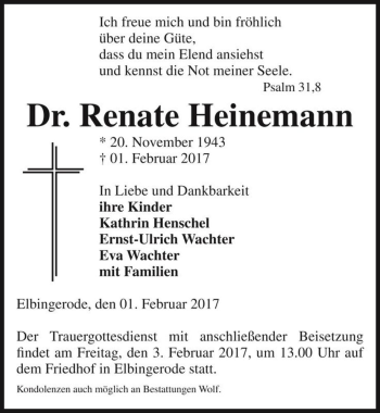 Traueranzeige von Dr. Renate Heinemann  von Magdeburger Volksstimme