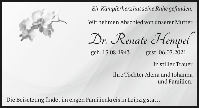  Traueranzeige für Dr. Renate Hempel  vom 13.03.2021 aus Magdeburger Volksstimme