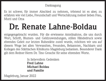 Traueranzeige von Dr. Renate Lahne-Boldau  von Magdeburger Volksstimme