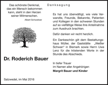 Traueranzeige von Dr. Roderich Bauer  von Magdeburger Volksstimme