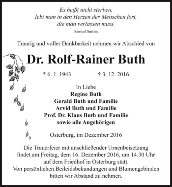 Traueranzeige von Dr. Rolf-Rainer Buth  von Magdeburger Volksstimme
