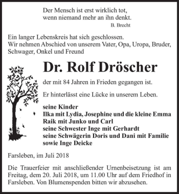 Traueranzeige von Dr. Rolf Dröscher  von Magdeburger Volksstimme