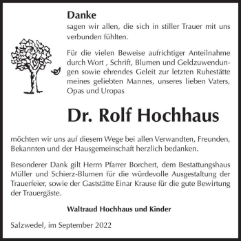 Traueranzeige von Dr. Rolf Hochhaus  von Magdeburger Volksstimme