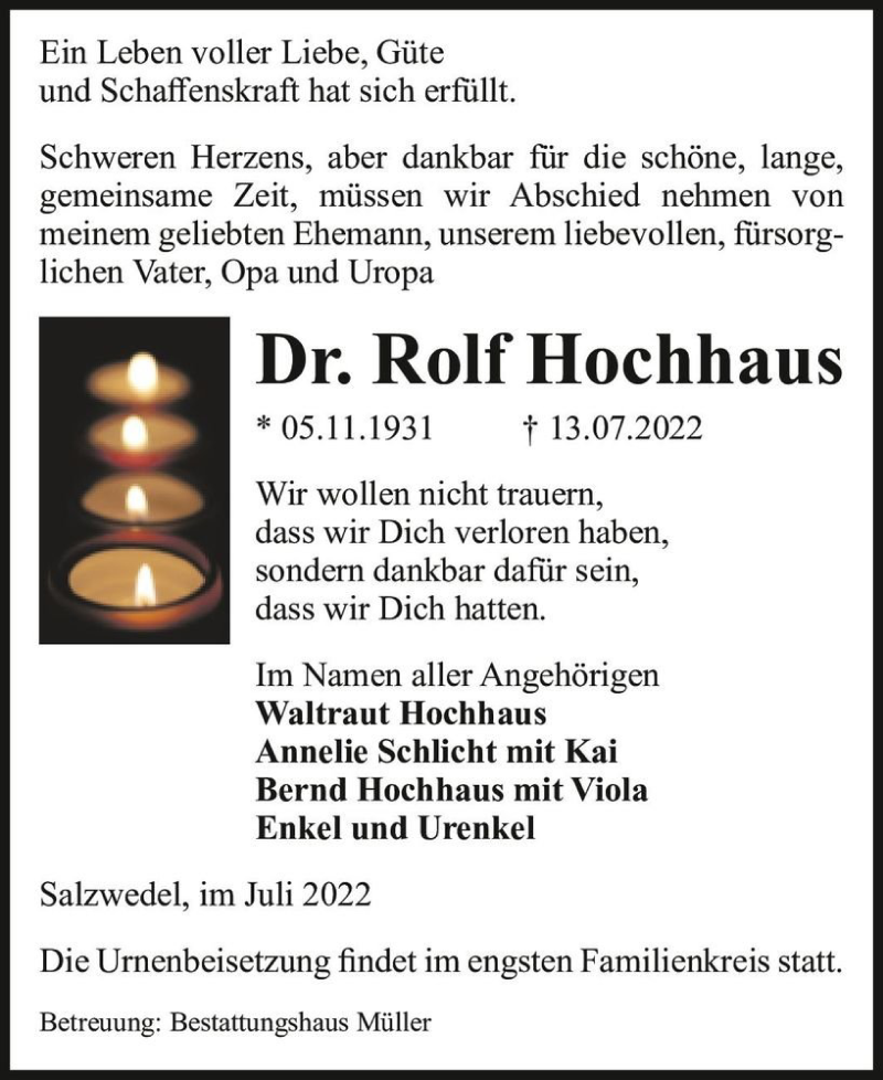  Traueranzeige für Dr. Rolf Hochhaus  vom 16.07.2022 aus Magdeburger Volksstimme