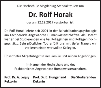 Traueranzeige von Dr. Rolf Horak  von Magdeburger Volksstimme