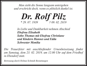 Traueranzeige von Dr. Rolf Pilz  von Magdeburger Volksstimme
