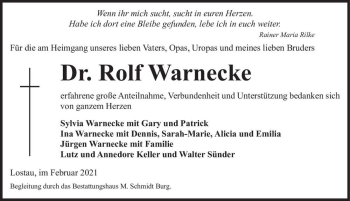 Traueranzeige von Dr. Rolf Warnecke  von Magdeburger Volksstimme