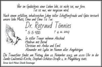 Traueranzeige von Dr. Rotraud Tönnies  von Magdeburger Volksstimme