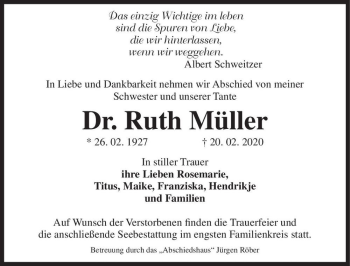 Traueranzeige von Dr. Ruth Müller  von Magdeburger Volksstimme