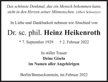 Traueranzeige von Dr. Sc. Phil. Heinz Heikenroth  von Magdeburger Volksstimme