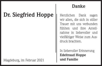 Traueranzeige von Dr. Siegfried Hoppe  von Magdeburger Volksstimme