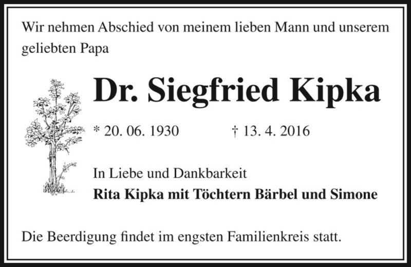 Traueranzeige für Dr. Siegfried Kipka  vom 21.04.2016 aus Magdeburger Volksstimme