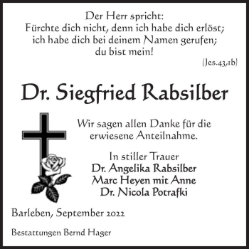 Traueranzeige von Dr. Siegfried Rabsilber  von Magdeburger Volksstimme