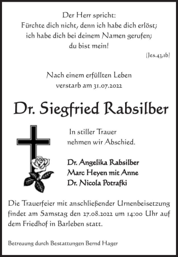 Traueranzeige von Dr. Siegfried Rabsilber  von Magdeburger Volksstimme