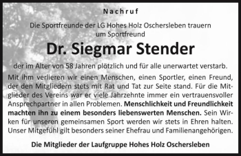 Traueranzeige von Dr. Siegmar Stender  von Magdeburger Volksstimme