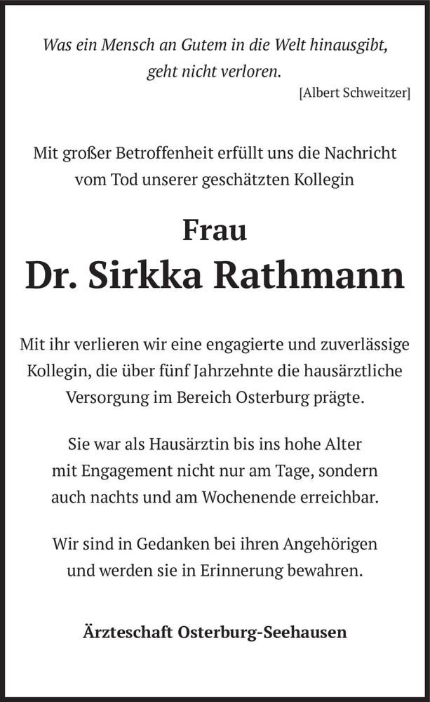  Traueranzeige für Dr. Sirkka Rathmann  vom 16.10.2021 aus Magdeburger Volksstimme