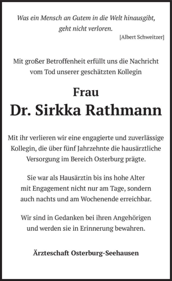 Traueranzeige von Dr. Sirkka Rathmann  von Magdeburger Volksstimme
