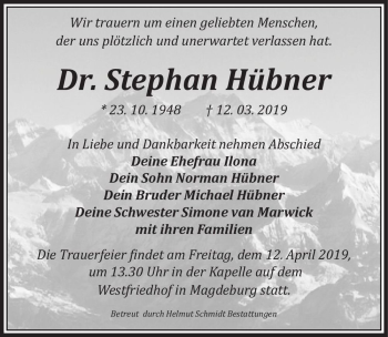 Traueranzeige von Dr. Stephan Hübner  von Magdeburger Volksstimme