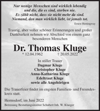 Traueranzeige von Dr. Thomas Kluge  von Magdeburger Volksstimme