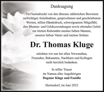 Traueranzeige von Dr. Thomas Kluge  von Magdeburger Volksstimme