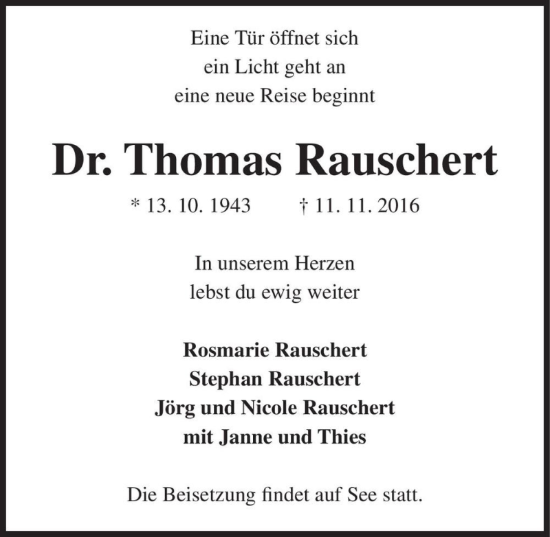  Traueranzeige für Dr. Thomas Rauschert  vom 17.11.2016 aus Magdeburger Volksstimme