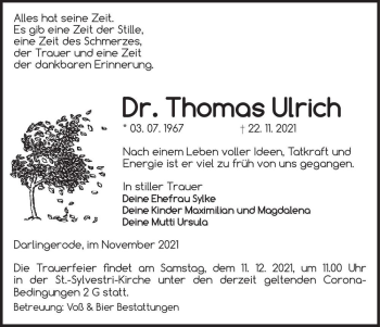 Traueranzeige von Dr. Thomas Ulrich  von Magdeburger Volksstimme