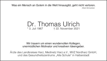 Traueranzeige von Dr. Thomas Ulrich  von Magdeburger Volksstimme