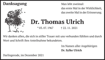 Traueranzeige von Dr. Thomas Ulrich  von Magdeburger Volksstimme