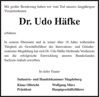 Traueranzeige von Dr. Udo Häfke  von Magdeburger Volksstimme