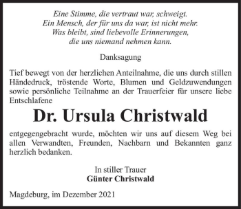 Traueranzeige von Dr. Ursula Christwald  von Magdeburger Volksstimme