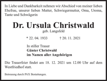 Traueranzeige von Dr. Ursula Christwald (geb. Langsfeld)  von Magdeburger Volksstimme