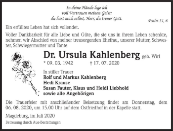 Traueranzeige von Dr. Ursula Kahlenberg (geb. Wirl)  von Magdeburger Volksstimme