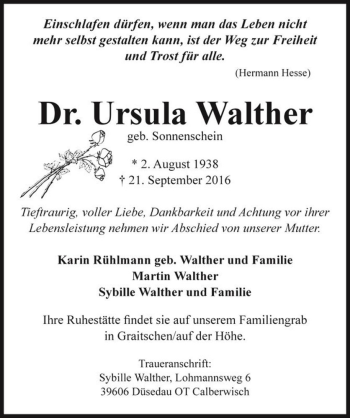 Traueranzeige von Dr. Ursula Walther (geb. Sonnenschein)  von Magdeburger Volksstimme