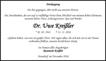 Traueranzeige von Dr. Uwe Kreißler  von Magdeburger Volksstimme