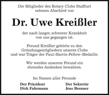 Traueranzeige von Dr. Uwe Kreißler  von Magdeburger Volksstimme