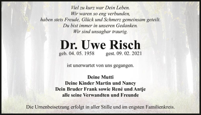  Traueranzeige für Dr. Uwe Risch  vom 13.03.2021 aus Magdeburger Volksstimme