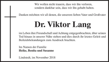 Traueranzeige von Dr. Viktor Lang  von Magdeburger Volksstimme
