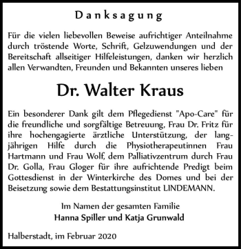 Traueranzeige von Dr. Walter Kraus  von Magdeburger Volksstimme