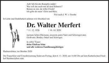 Traueranzeige von Dr. Walter Merfert  von Magdeburger Volksstimme