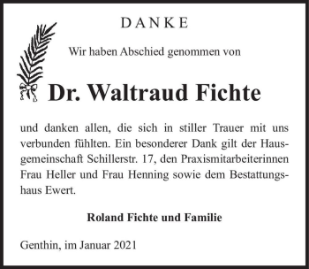 Traueranzeige von Dr. Waltraud Fichte  von Magdeburger Volksstimme