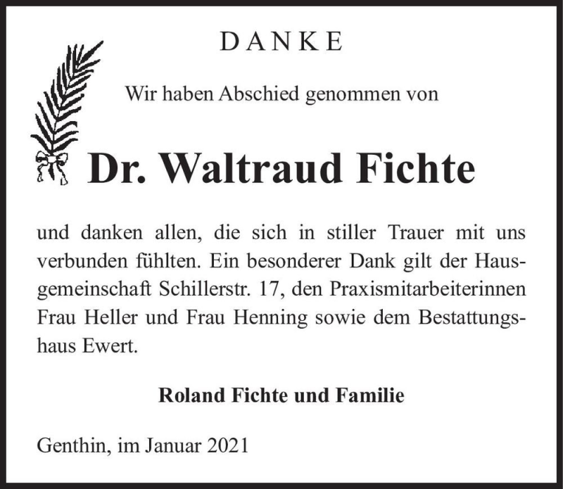  Traueranzeige für Dr. Waltraud Fichte  vom 06.02.2021 aus Magdeburger Volksstimme